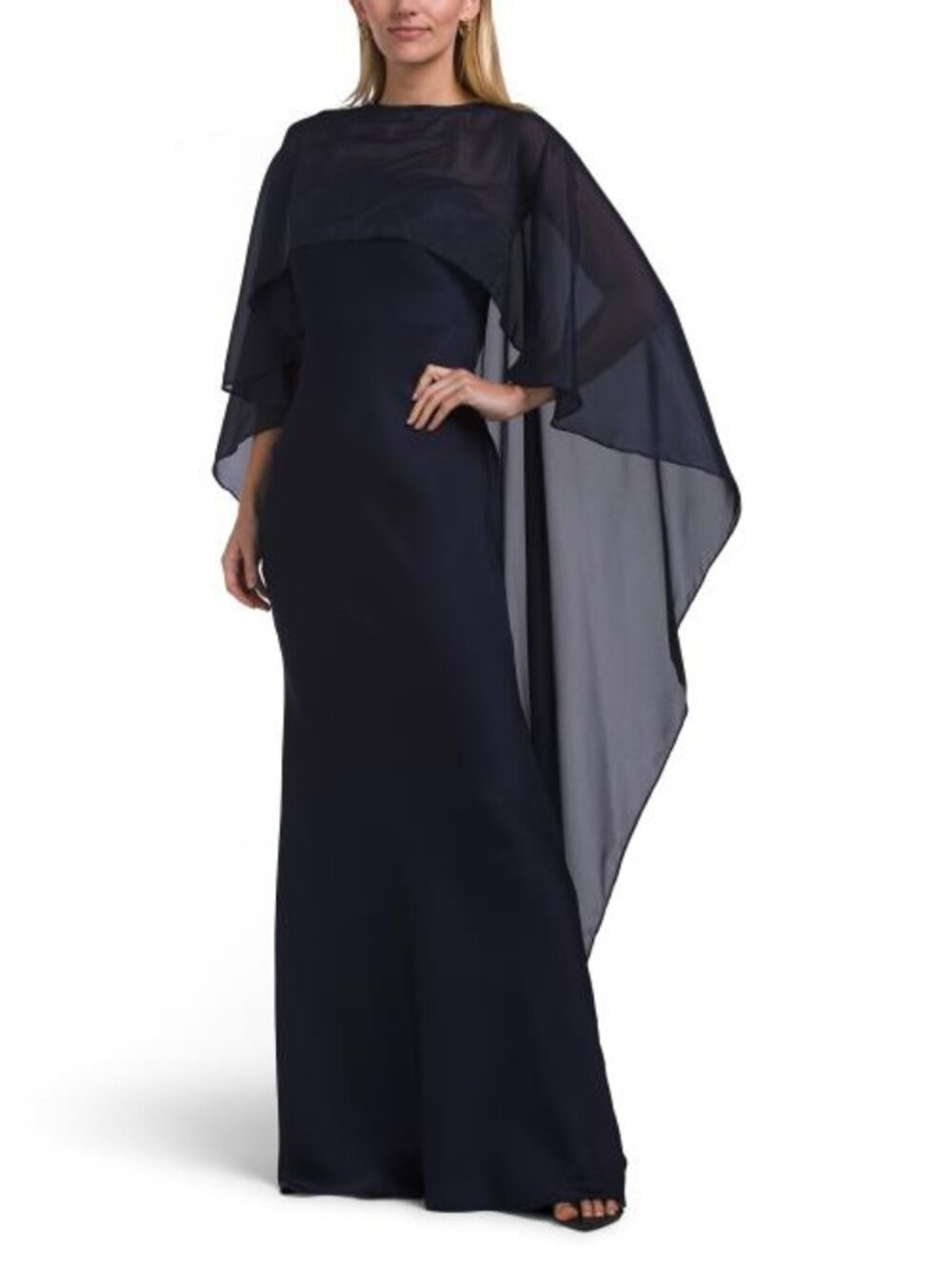 CAMILA COELHO Satin Gown With Chiffon Cape Overlay